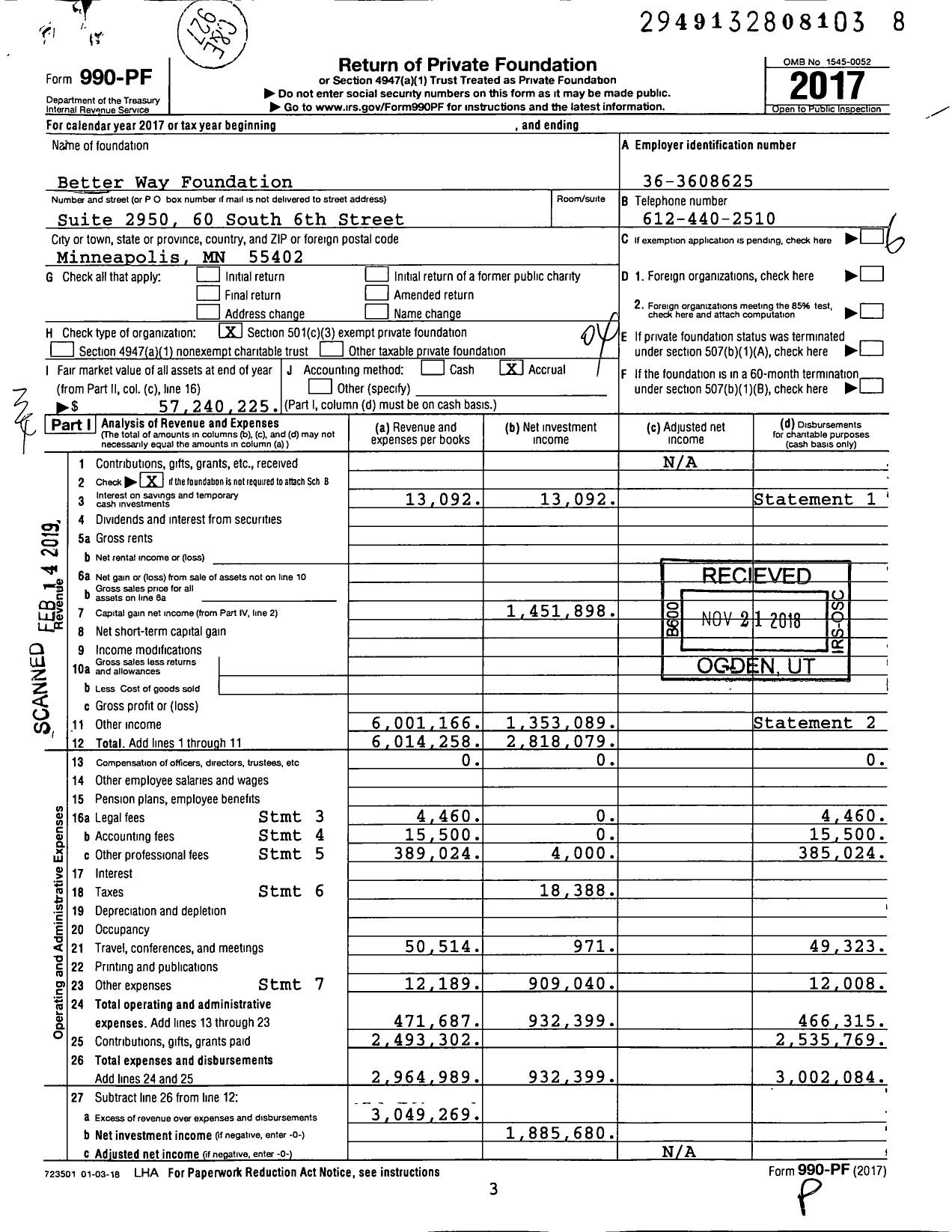 Image of first page of 2017 Form 990PF for Better Way Foundation