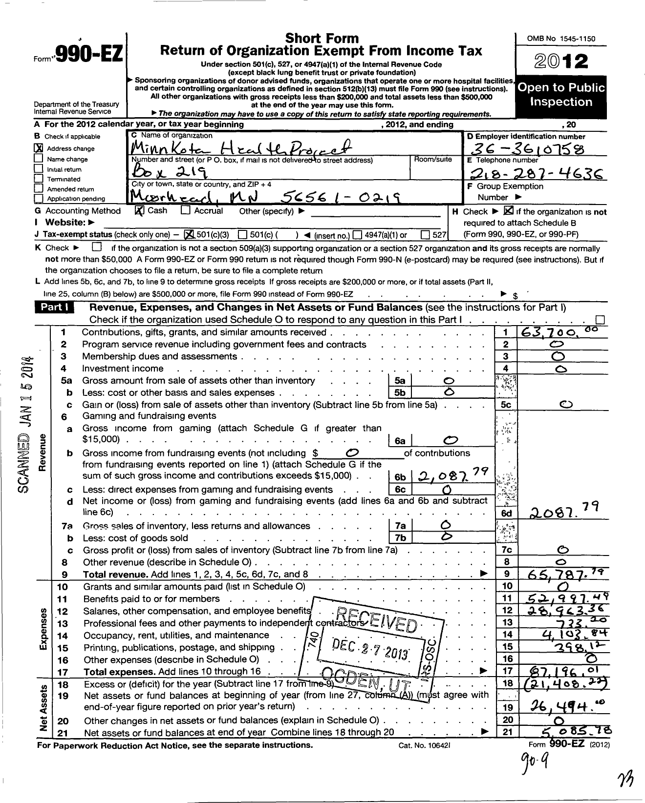 Image of first page of 2012 Form 990EZ for Minnkota Health Project