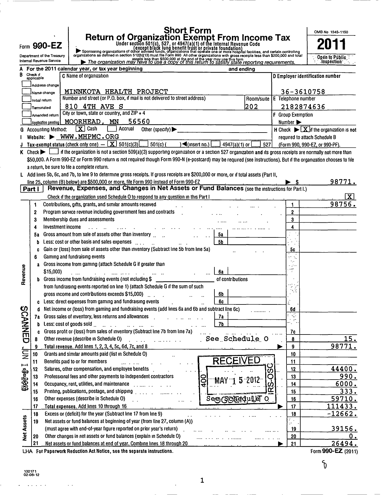 Image of first page of 2011 Form 990EZ for Minnkota Health Project