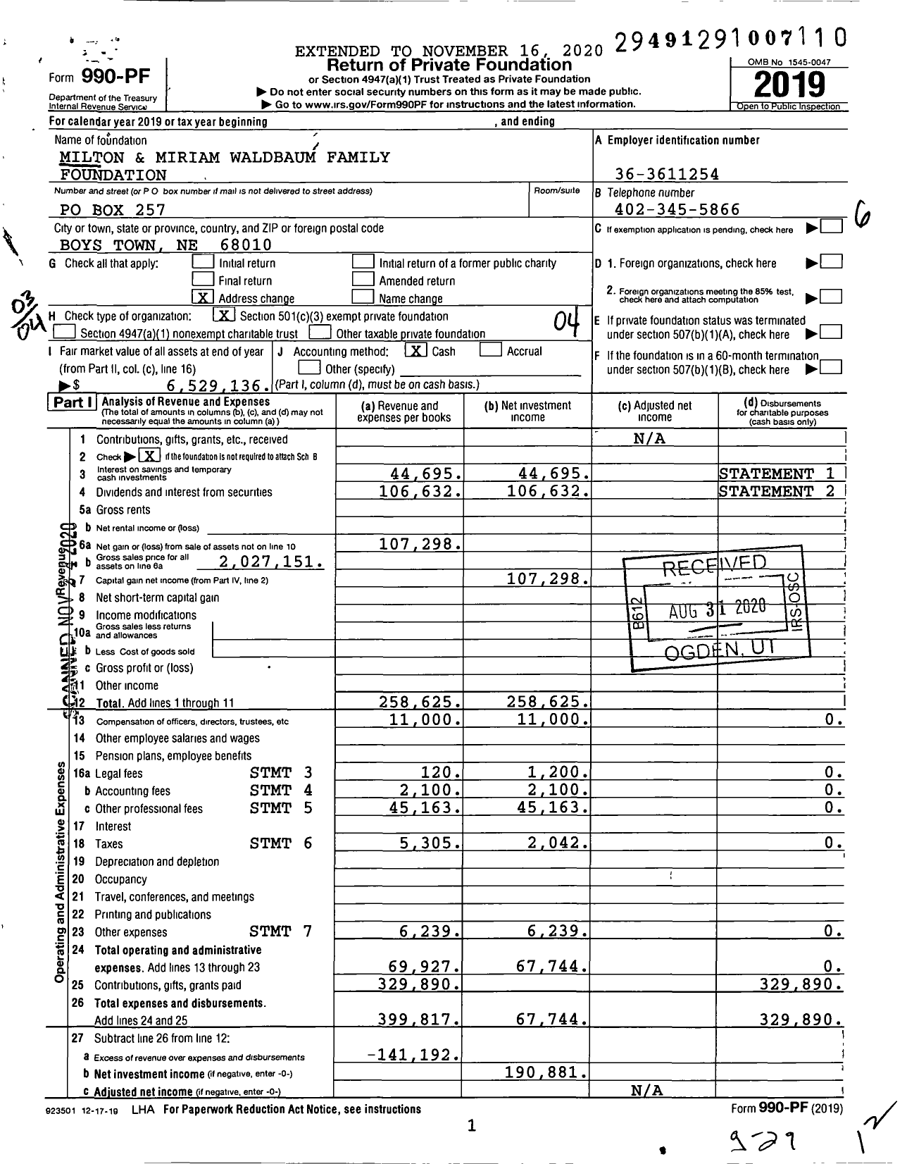 Image of first page of 2019 Form 990PF for Milton and Miriam Waldbaum Family Foundation