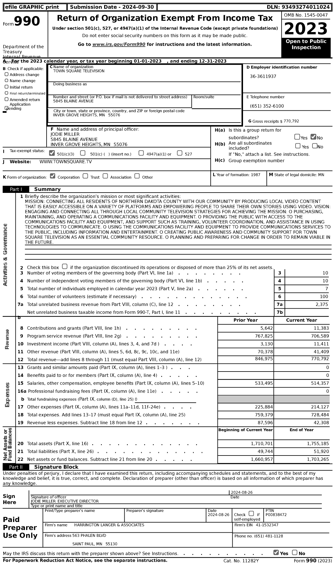 Image of first page of 2023 Form 990 for Town Square Television