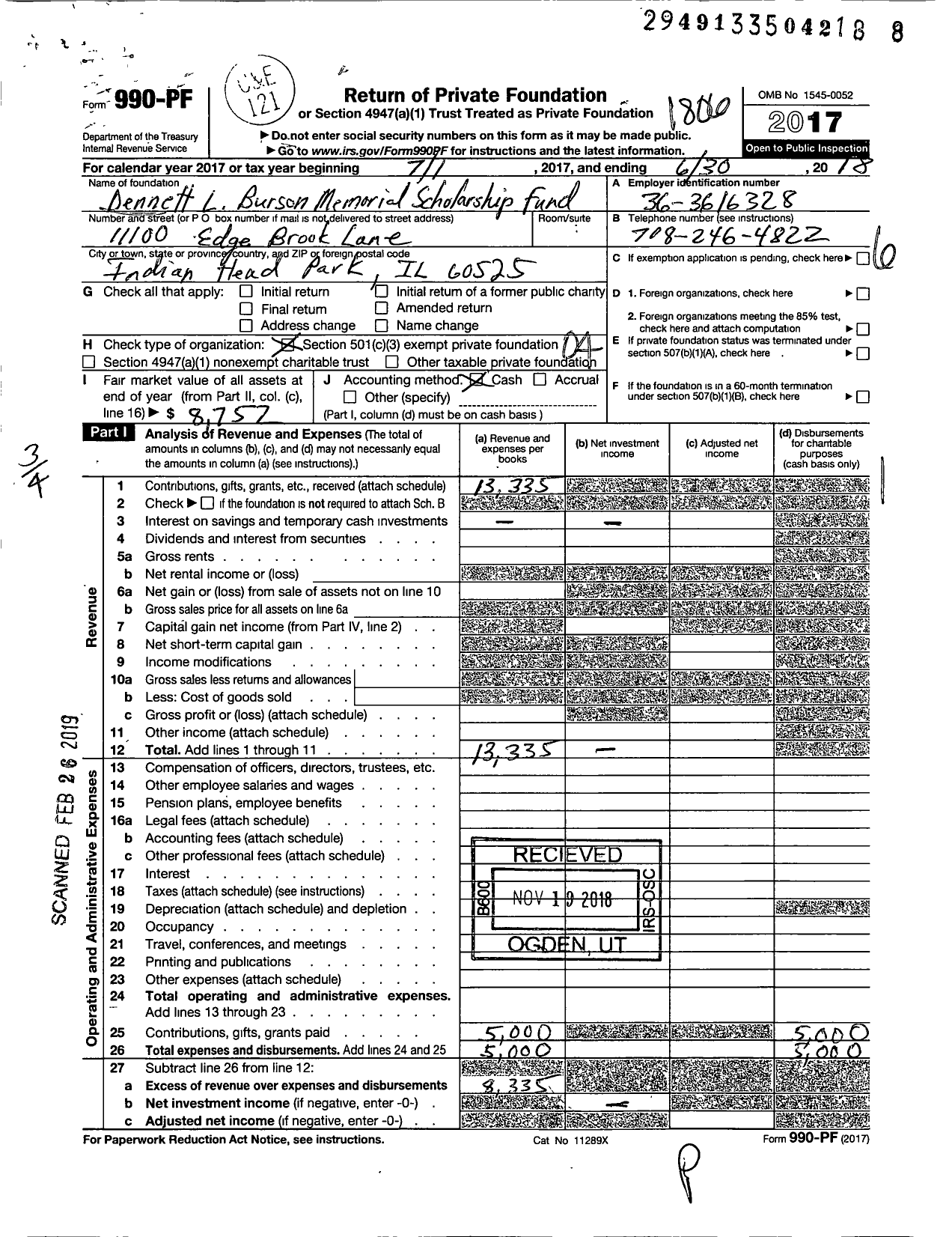 Image of first page of 2017 Form 990PF for Dennett L Burson Memorial Scholarship Fund