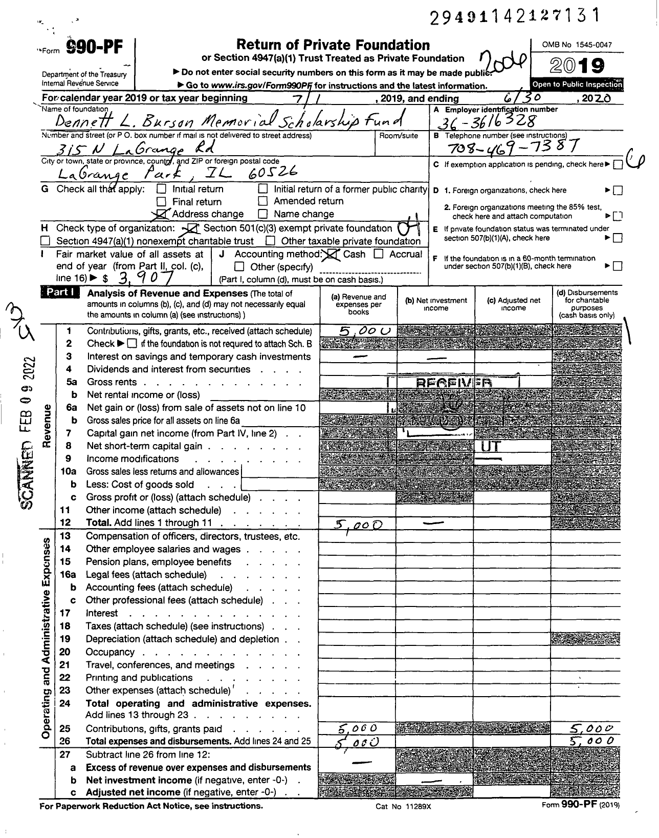 Image of first page of 2019 Form 990PF for Dennett L Burson Memorial Scholarship Fund