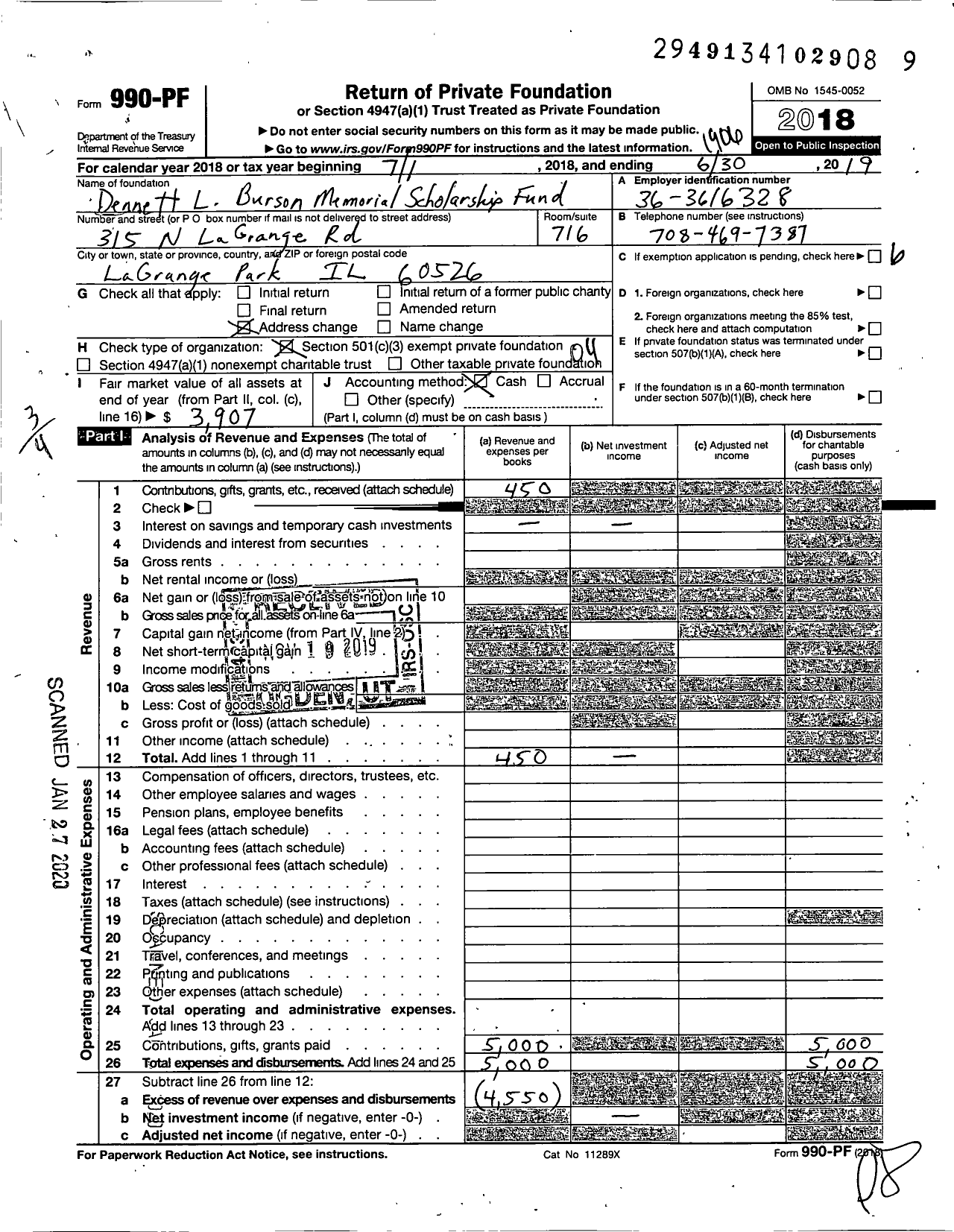 Image of first page of 2018 Form 990PF for Dennett L Burson Memorial Scholarship Fund