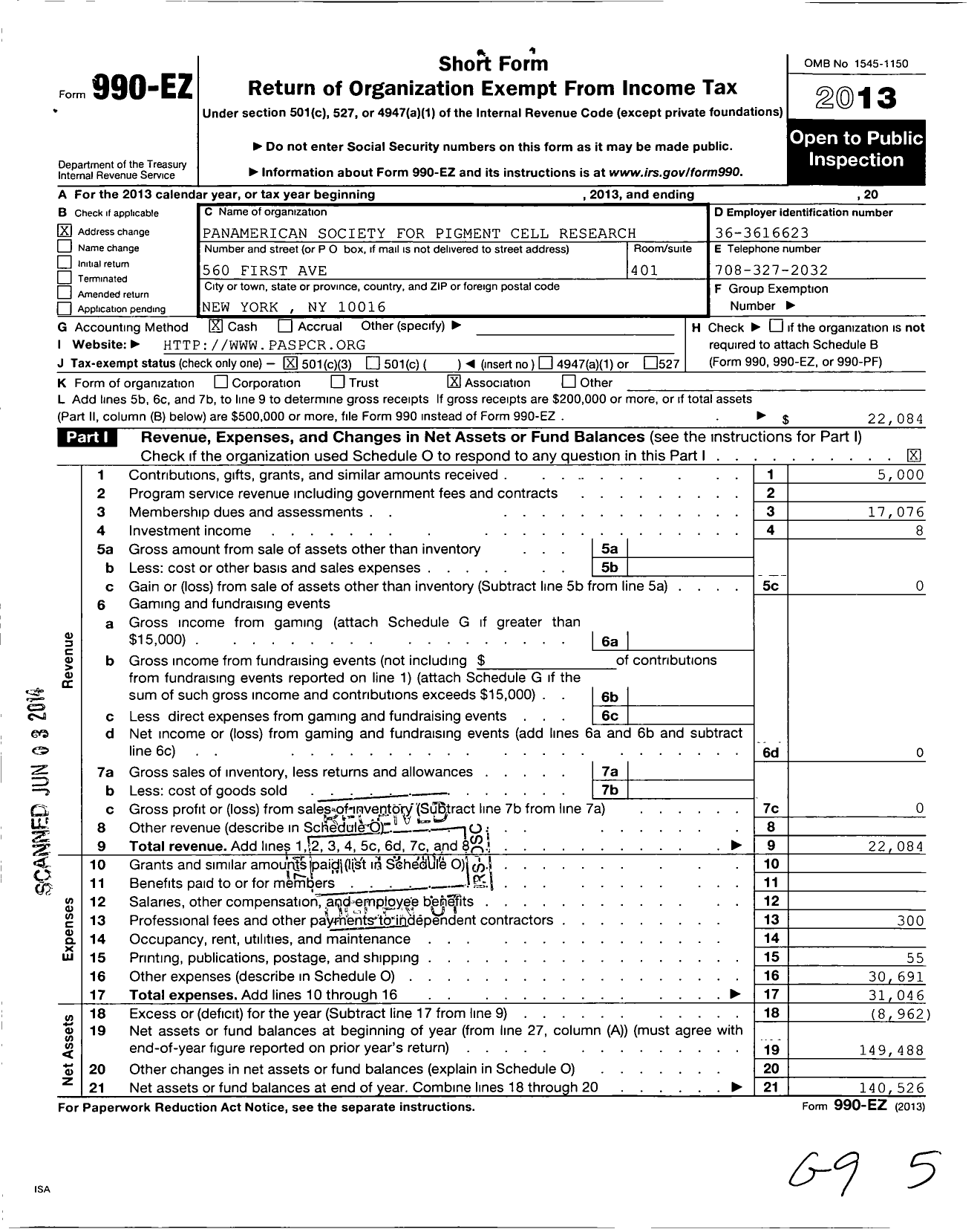 Image of first page of 2013 Form 990EZ for Panamerican Society for Pigment Cell Research