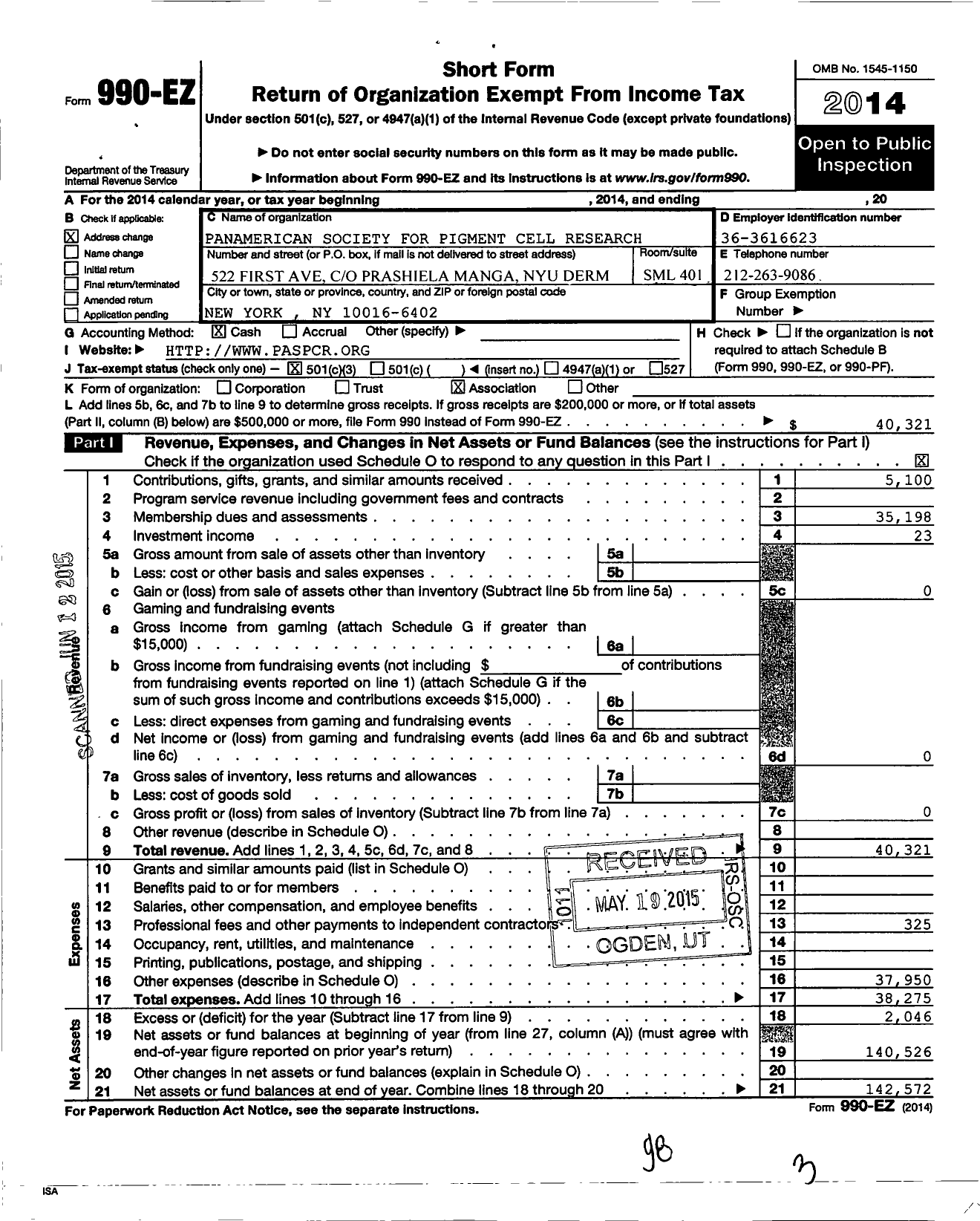 Image of first page of 2014 Form 990EZ for Panamerican Society for Pigment Cell Research