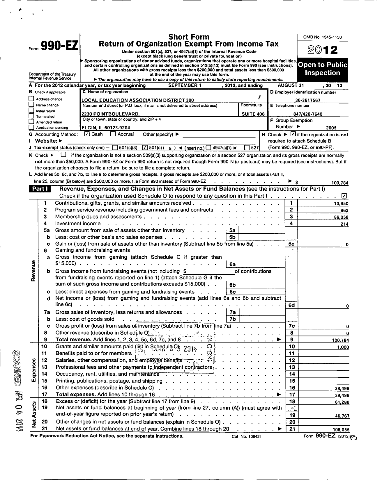 Image of first page of 2012 Form 990EO for Illinois Education Association - Local Educ Assoc Dist 300