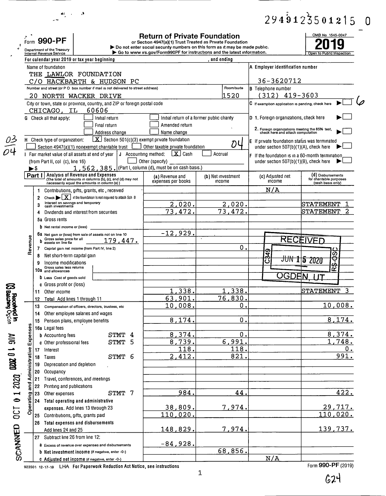 Image of first page of 2019 Form 990PR for The Lawlor Foundation