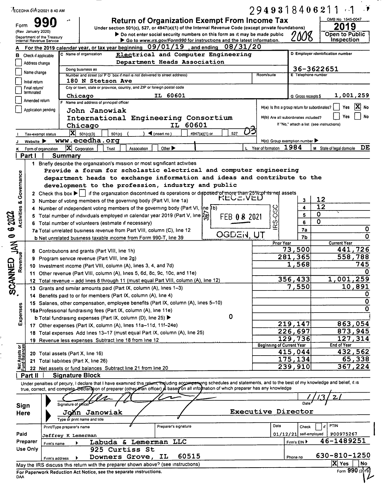 Image of first page of 2019 Form 990 for Electrical and Computer Engineering Department Heads Association (ECEDHA)