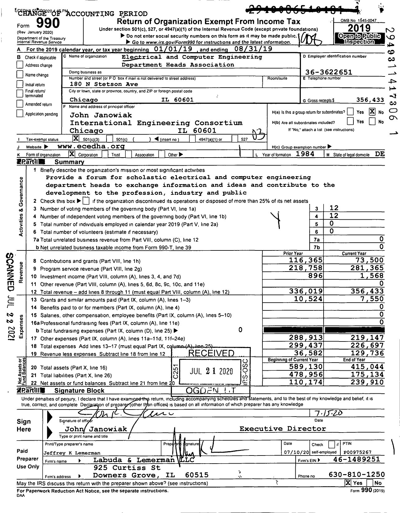 Image of first page of 2018 Form 990 for Electrical and Computer Engineering Department Heads Association (ECEDHA)