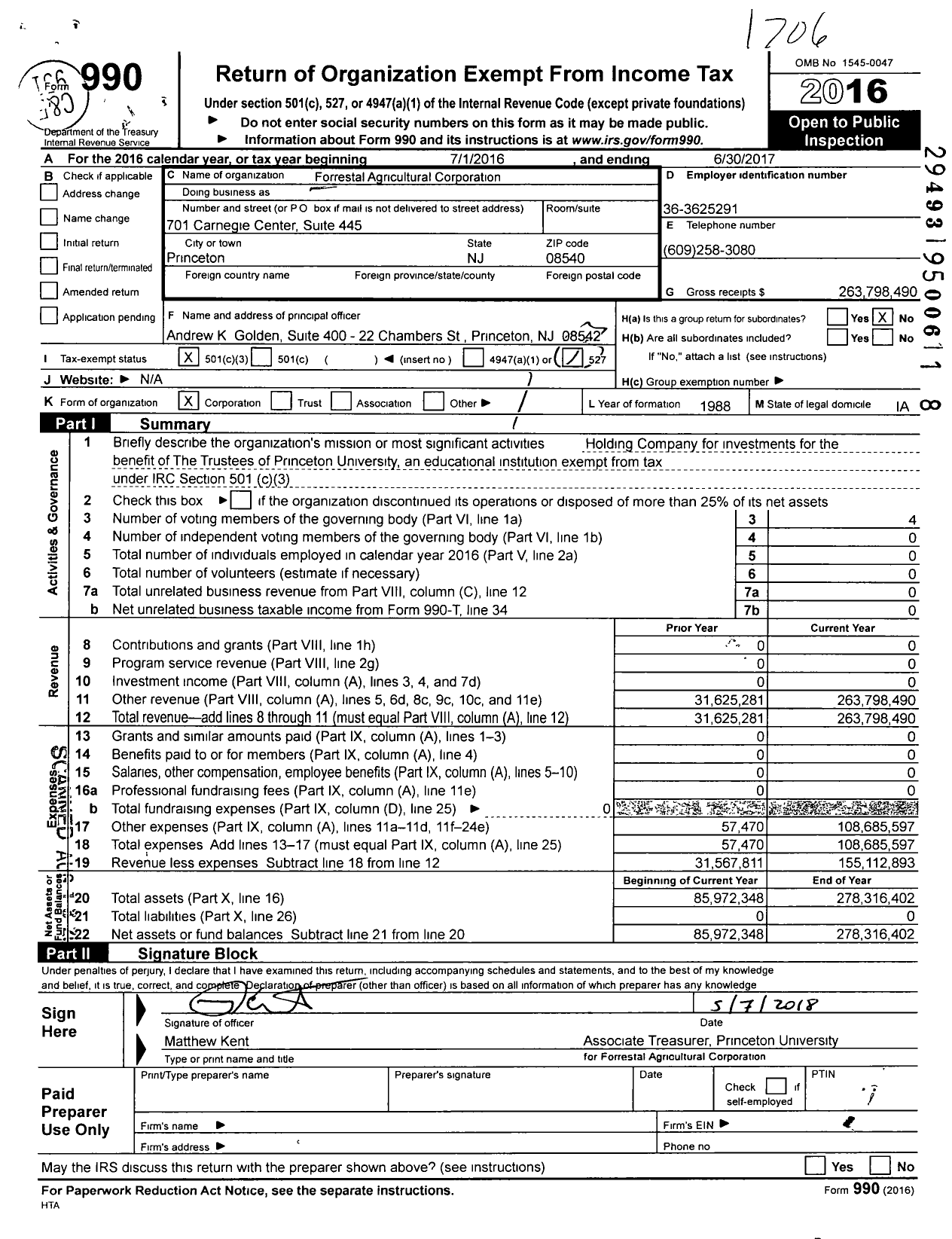 Image of first page of 2016 Form 990 for Forrestal Agricultural Corporation