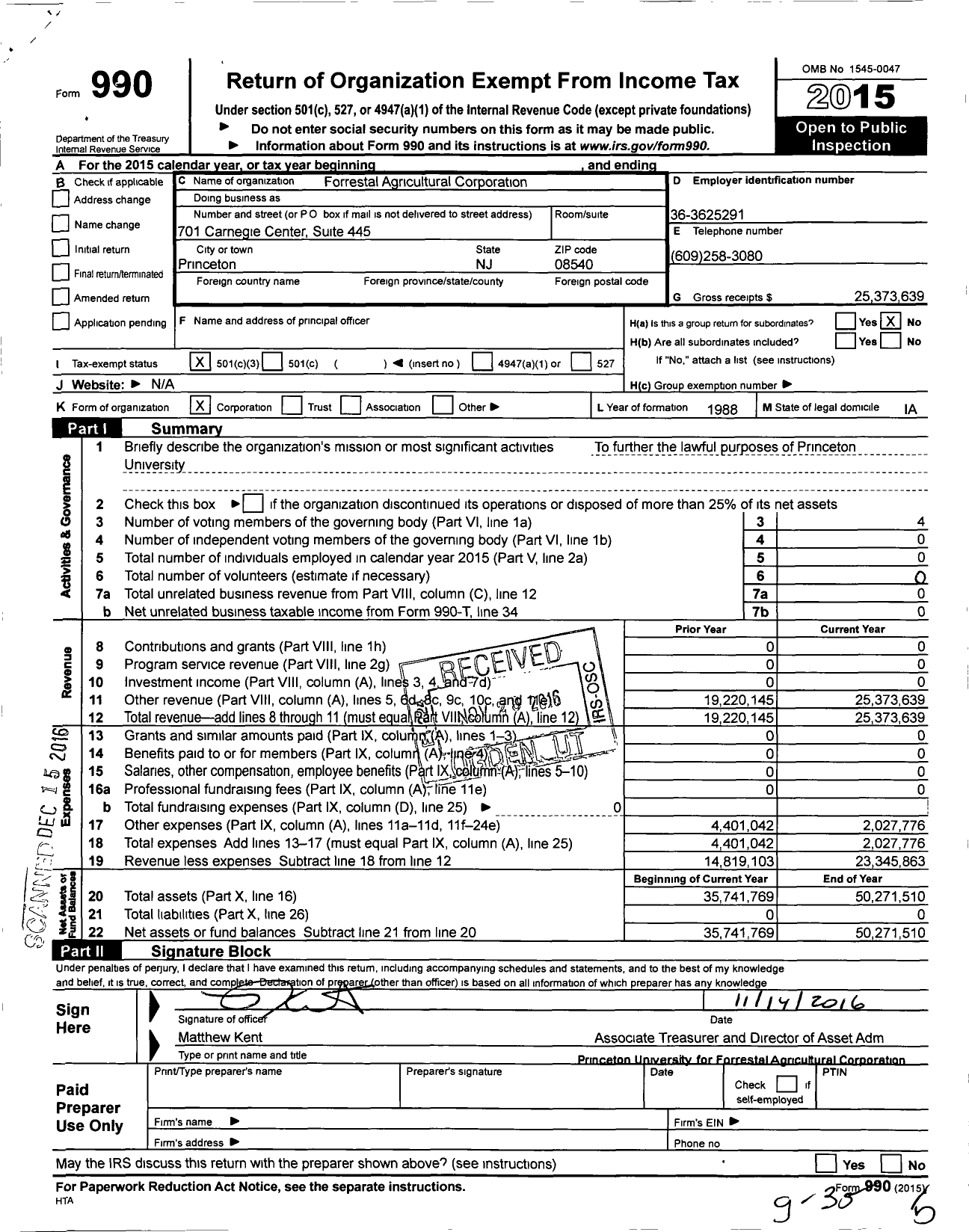 Image of first page of 2015 Form 990 for Forrestal Agricultural Corporation