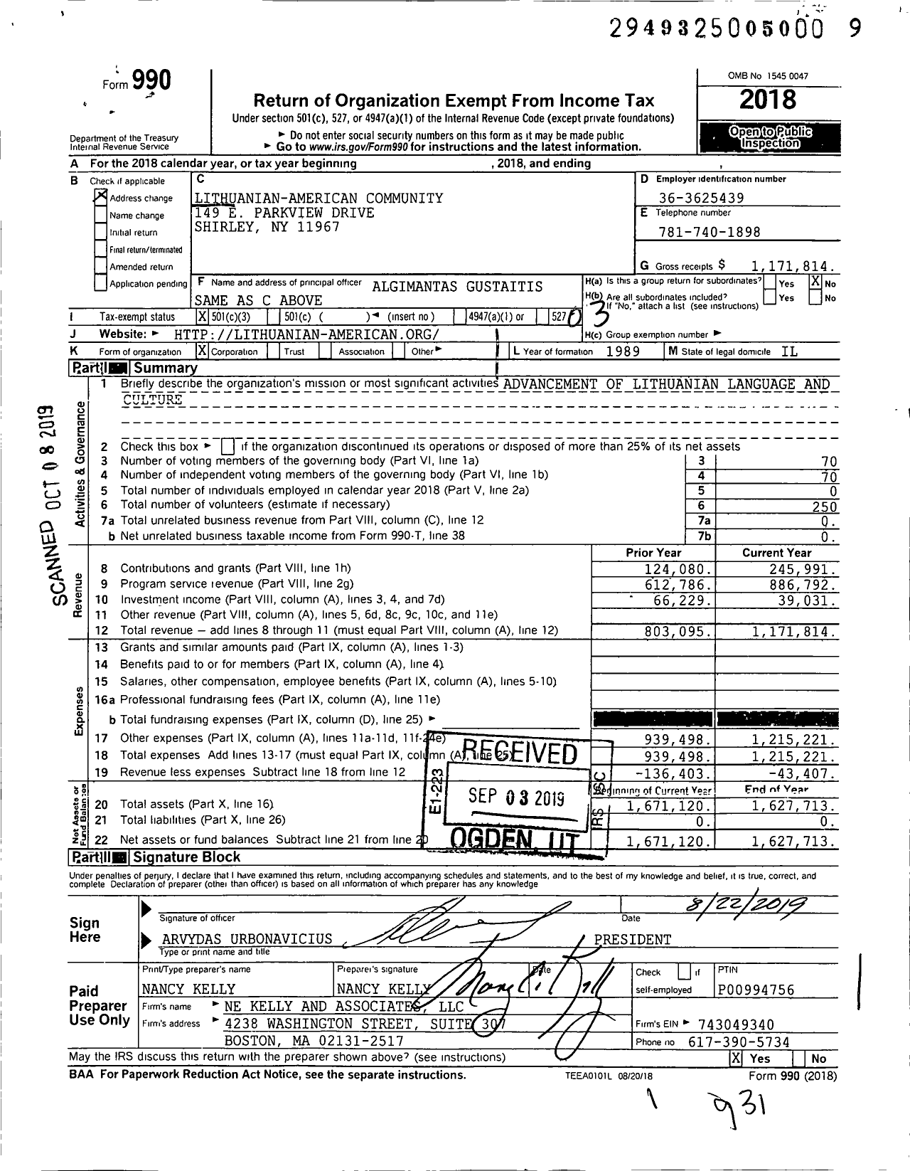 Image of first page of 2018 Form 990 for Lithuanian American Community