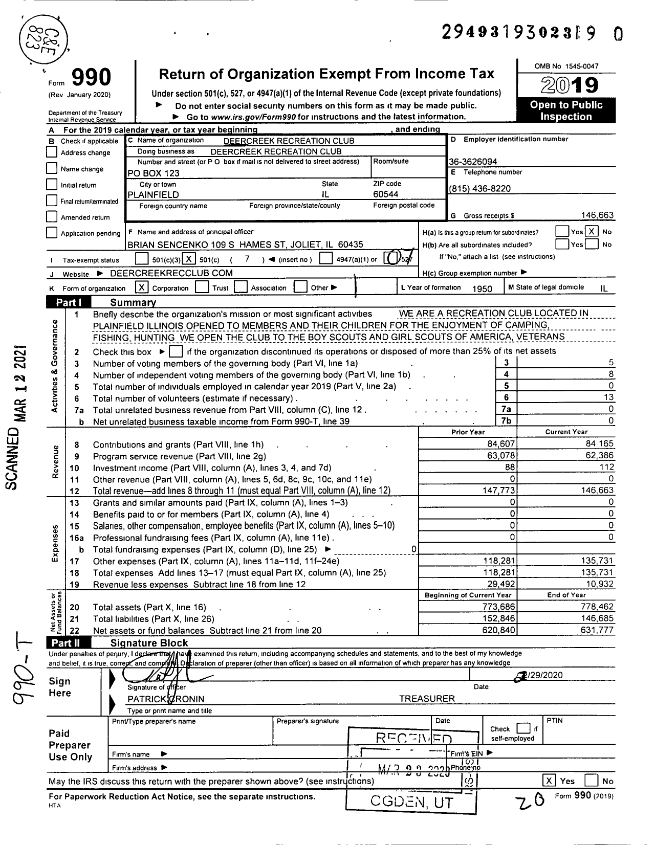 Image of first page of 2019 Form 990O for Deercreek Creek Recreation Club