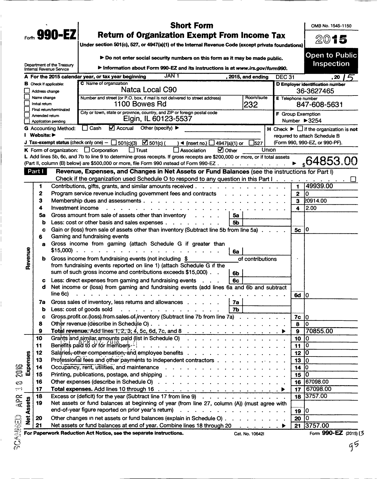 Image of first page of 2015 Form 990EO for National Air Traffic Controllers Association / Local Labor Union