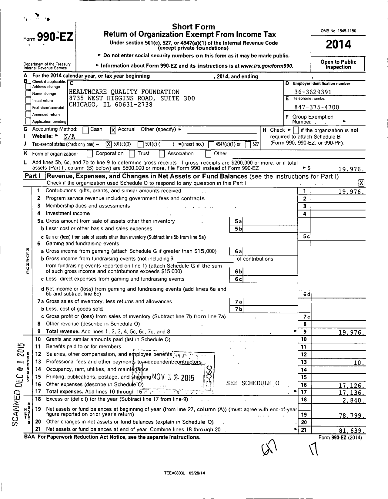 Image of first page of 2014 Form 990EZ for Healthcare Quality Foundation