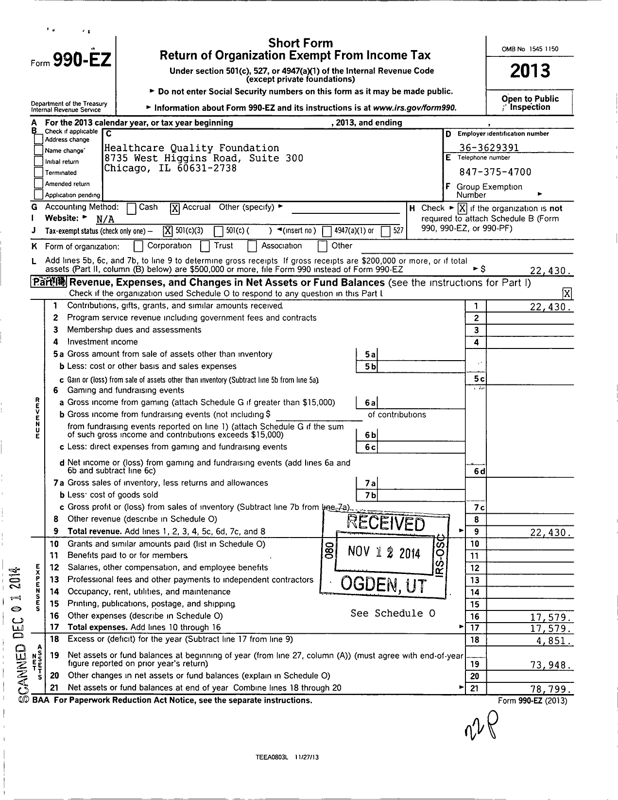 Image of first page of 2013 Form 990EZ for Healthcare Quality Foundation