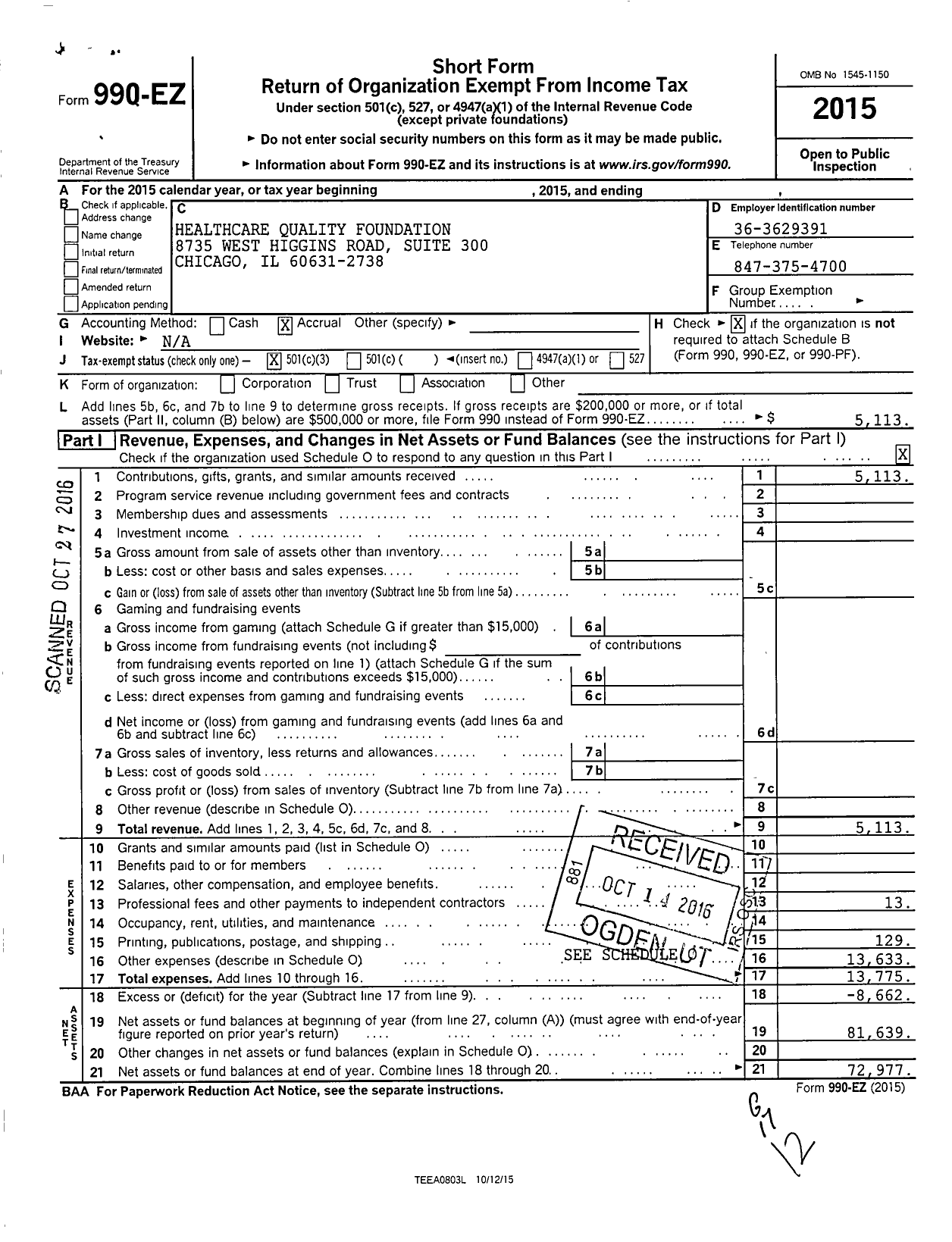 Image of first page of 2015 Form 990EZ for Healthcare Quality Foundation