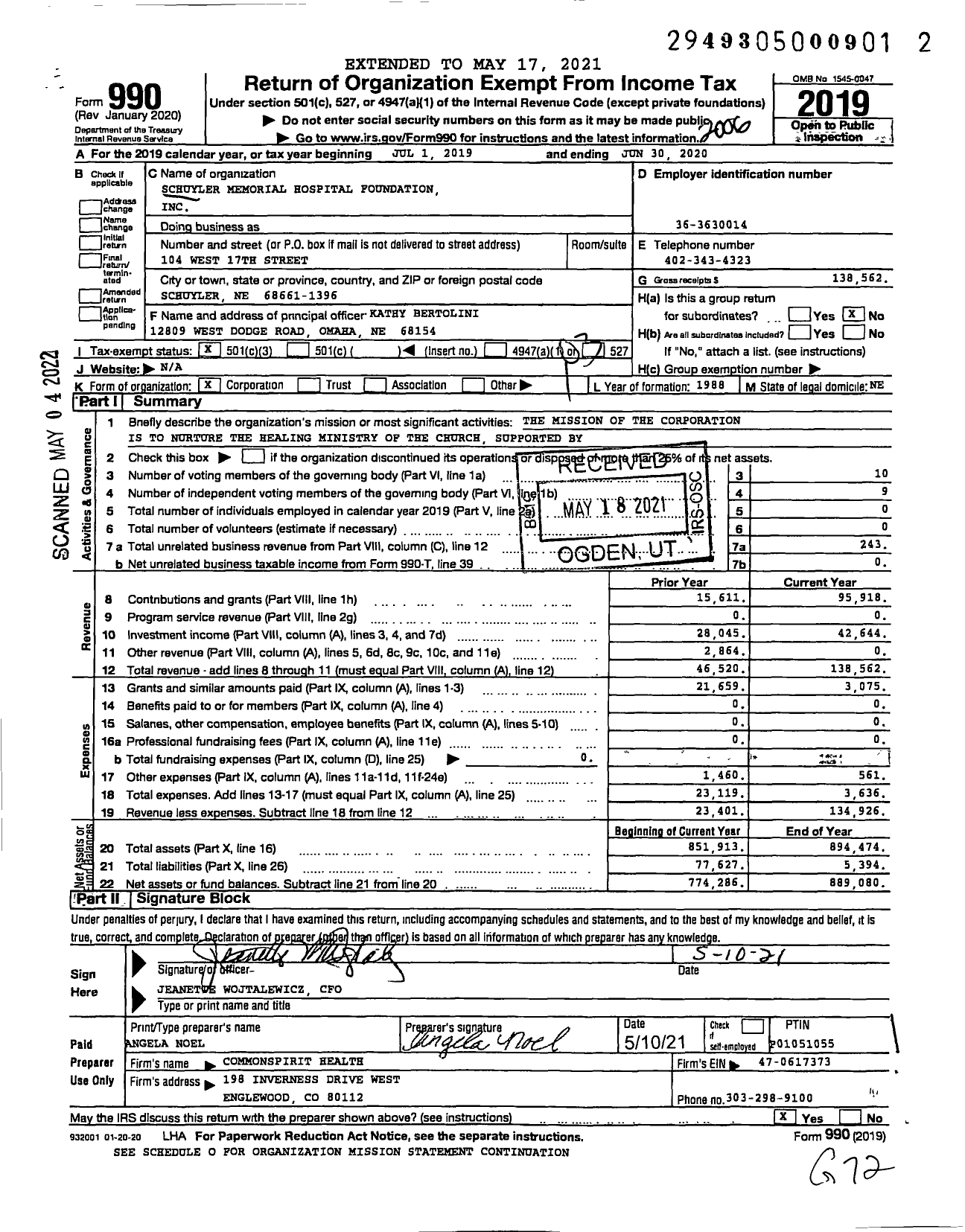 Image of first page of 2019 Form 990 for Schuyler Memorial Hospital Foundation