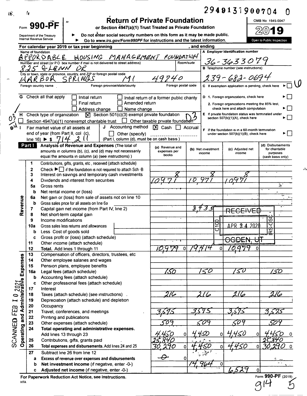 Image of first page of 2019 Form 990PF for Affordable Housing Management Foundation