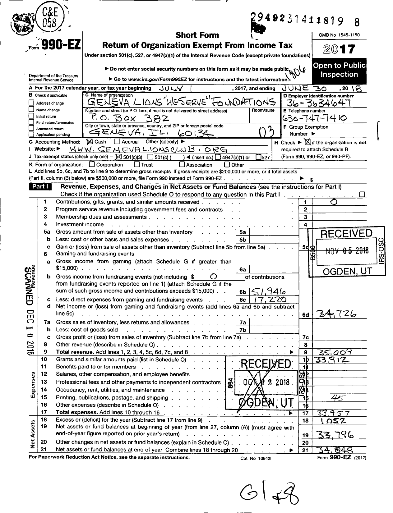 Image of first page of 2017 Form 990EZ for Geneva Lions We Serve Foundation