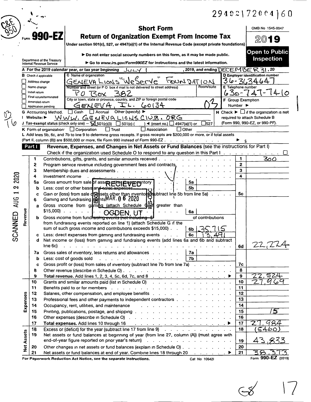 Image of first page of 2019 Form 990EZ for Geneva Lions We Serve Foundation