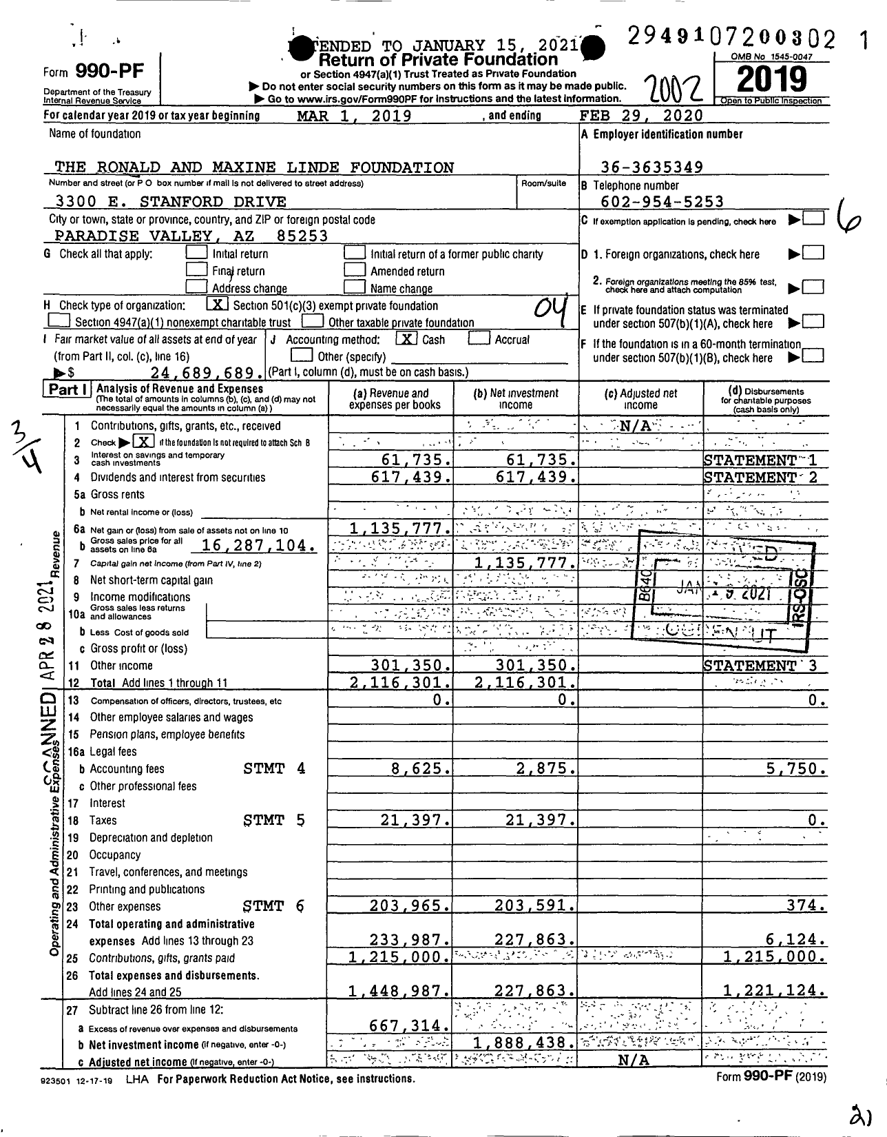 Image of first page of 2019 Form 990PF for The Ronald and Maxine Linde Foundation