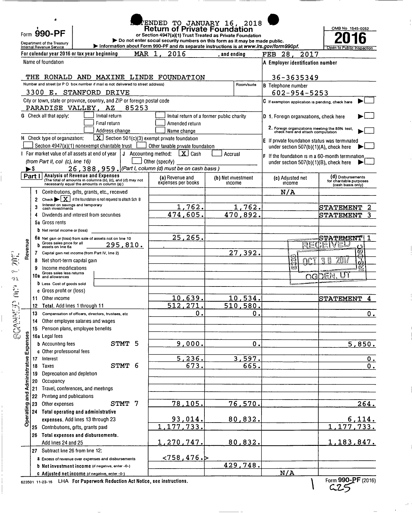 Image of first page of 2016 Form 990PF for The Ronald and Maxine Linde Foundation