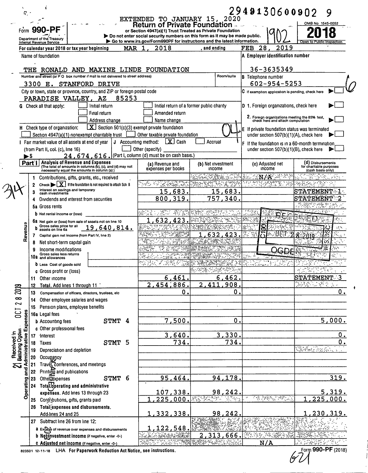 Image of first page of 2018 Form 990PF for The Ronald and Maxine Linde Foundation