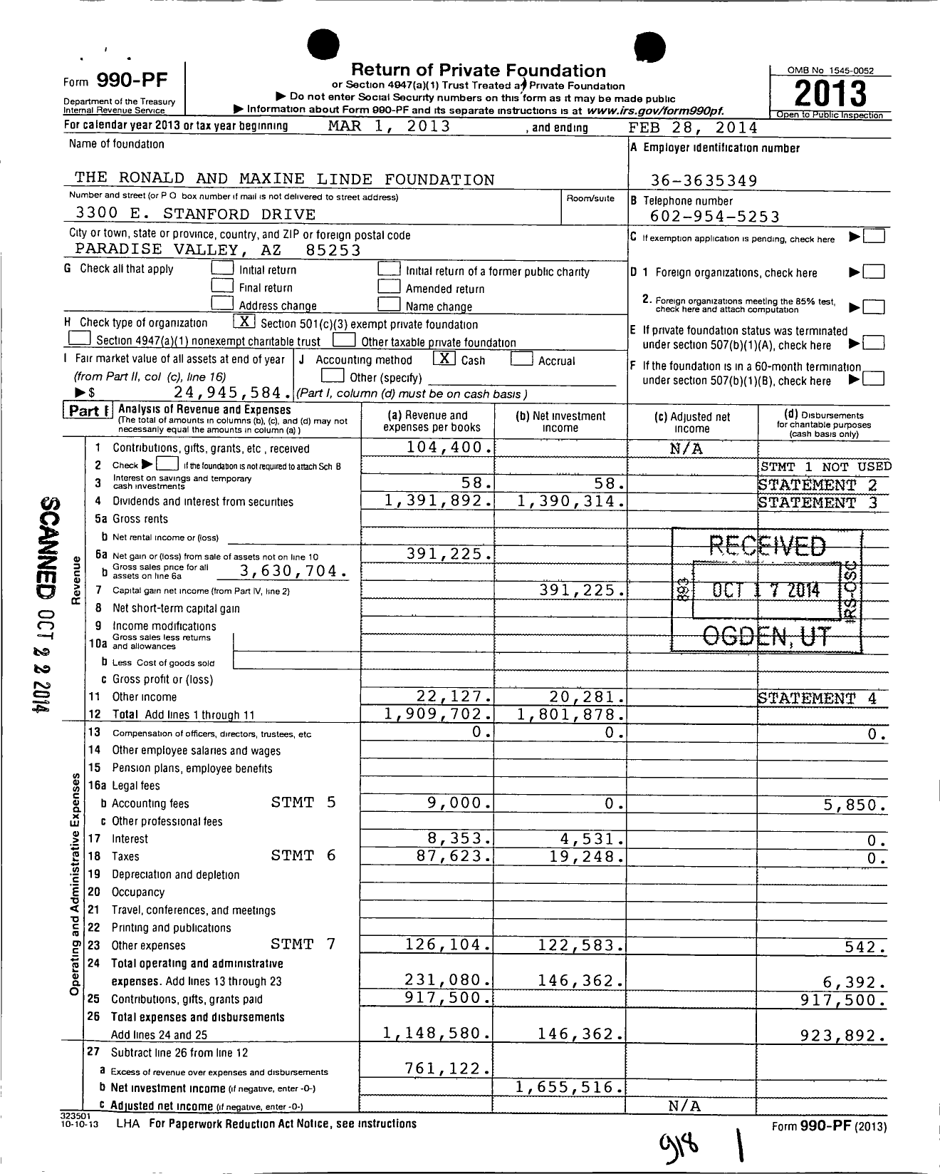 Image of first page of 2013 Form 990PF for The Ronald and Maxine Linde Foundation