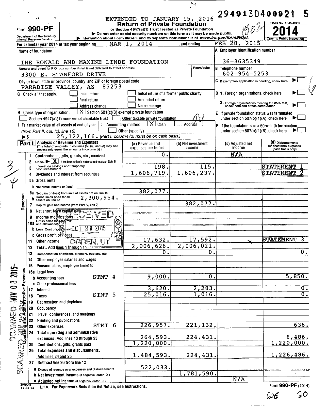 Image of first page of 2014 Form 990PF for The Ronald and Maxine Linde Foundation