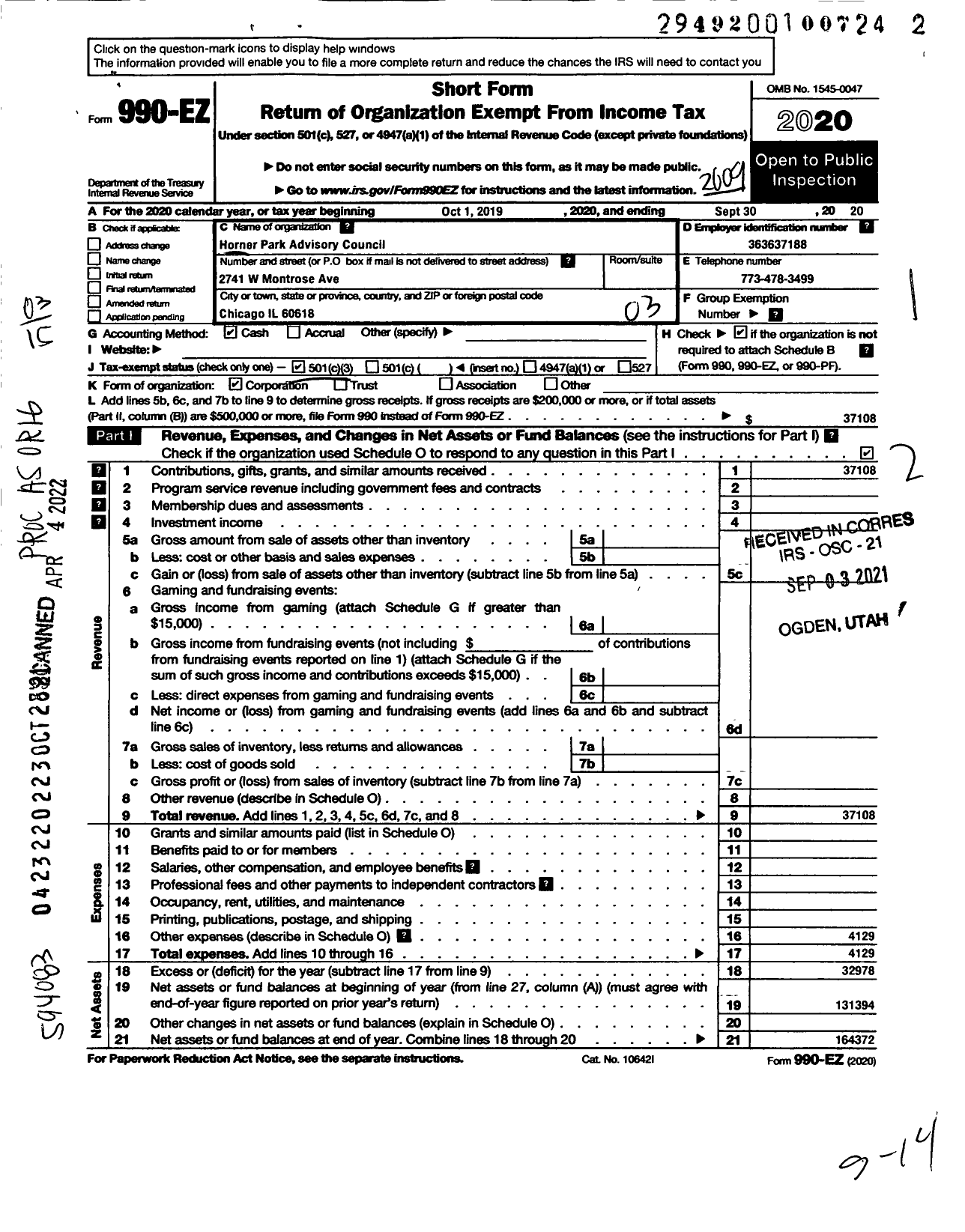 Image of first page of 2019 Form 990EZ for Horner Park Advisory Council