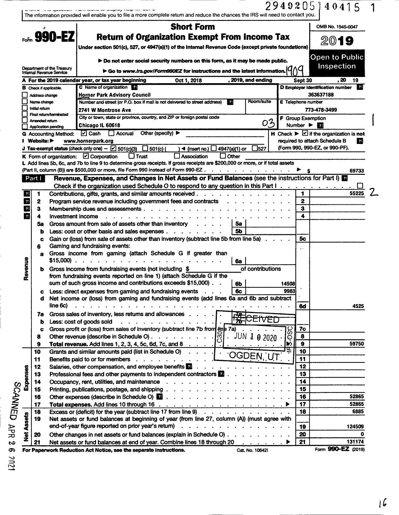 Image of first page of 2018 Form 990EZ for Horner Park Advisory Council