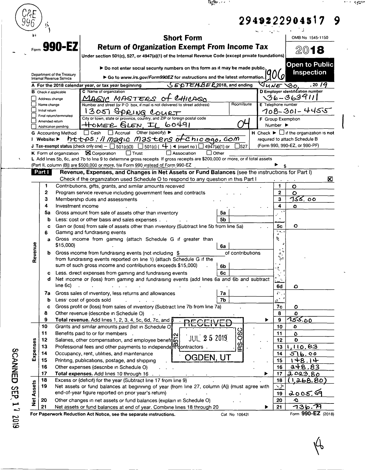 Image of first page of 2018 Form 990EO for Magic Masters of Chicago