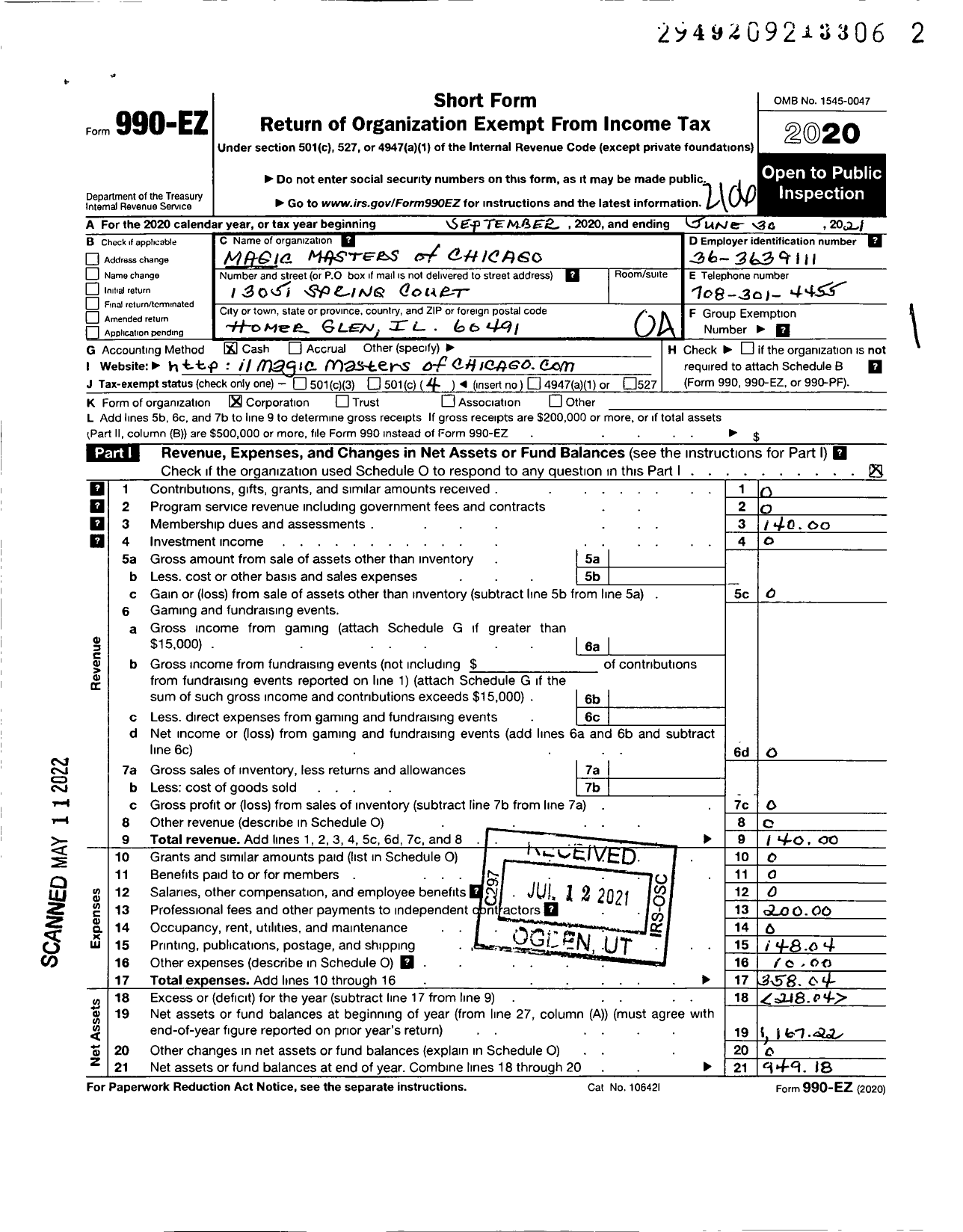 Image of first page of 2020 Form 990EO for Magic Masters of Chicago