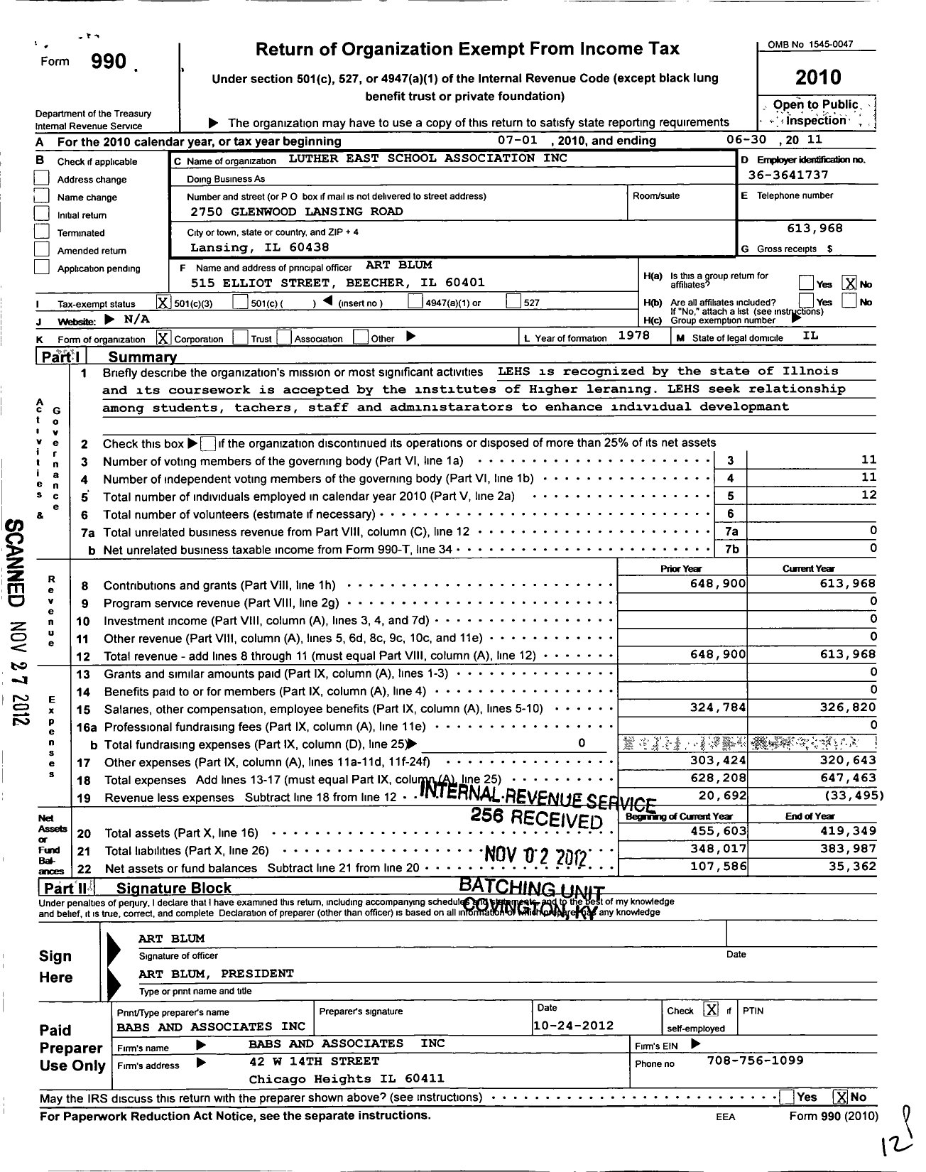Image of first page of 2010 Form 990 for Luther East School Association