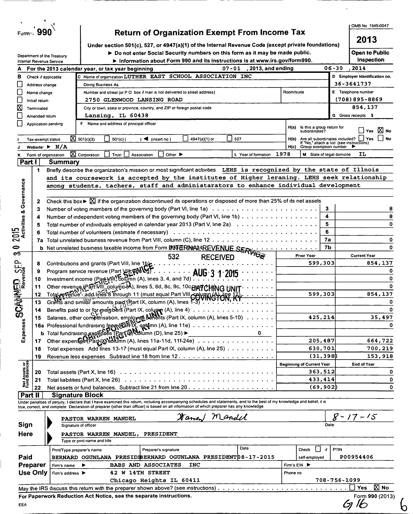 Image of first page of 2013 Form 990 for Luther East School Association