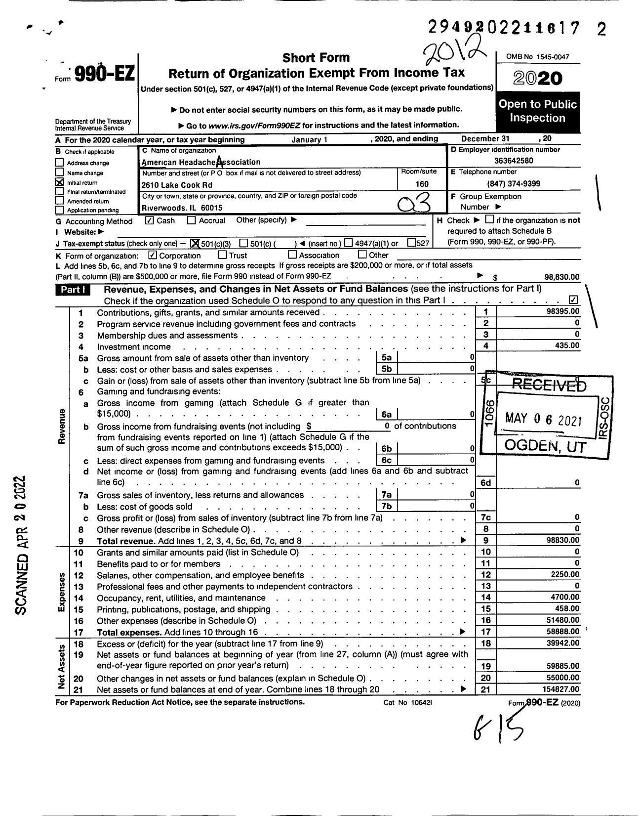 Image of first page of 2020 Form 990EZ for American Headache Association