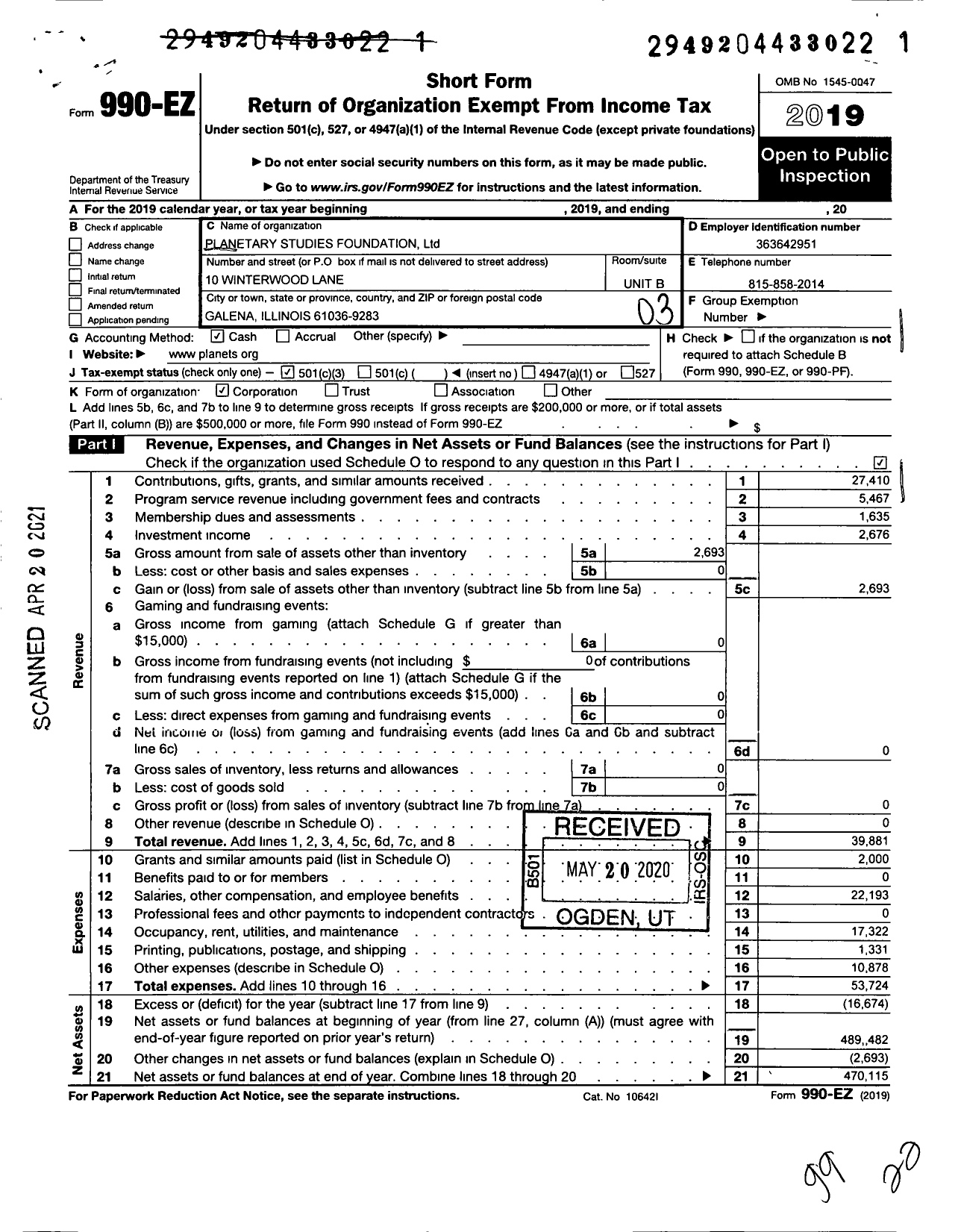 Image of first page of 2019 Form 990EZ for Planetary Studies Foundation