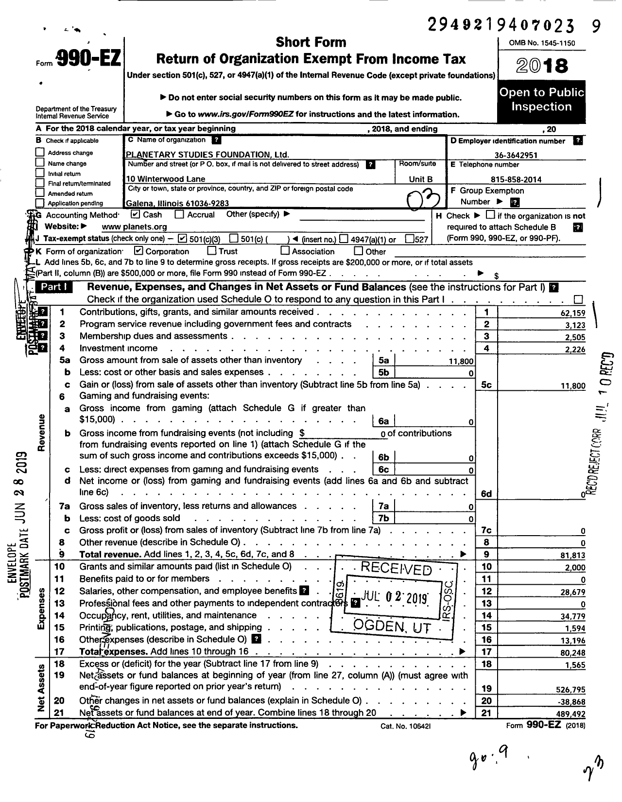 Image of first page of 2018 Form 990EZ for Planetary Studies Foundation