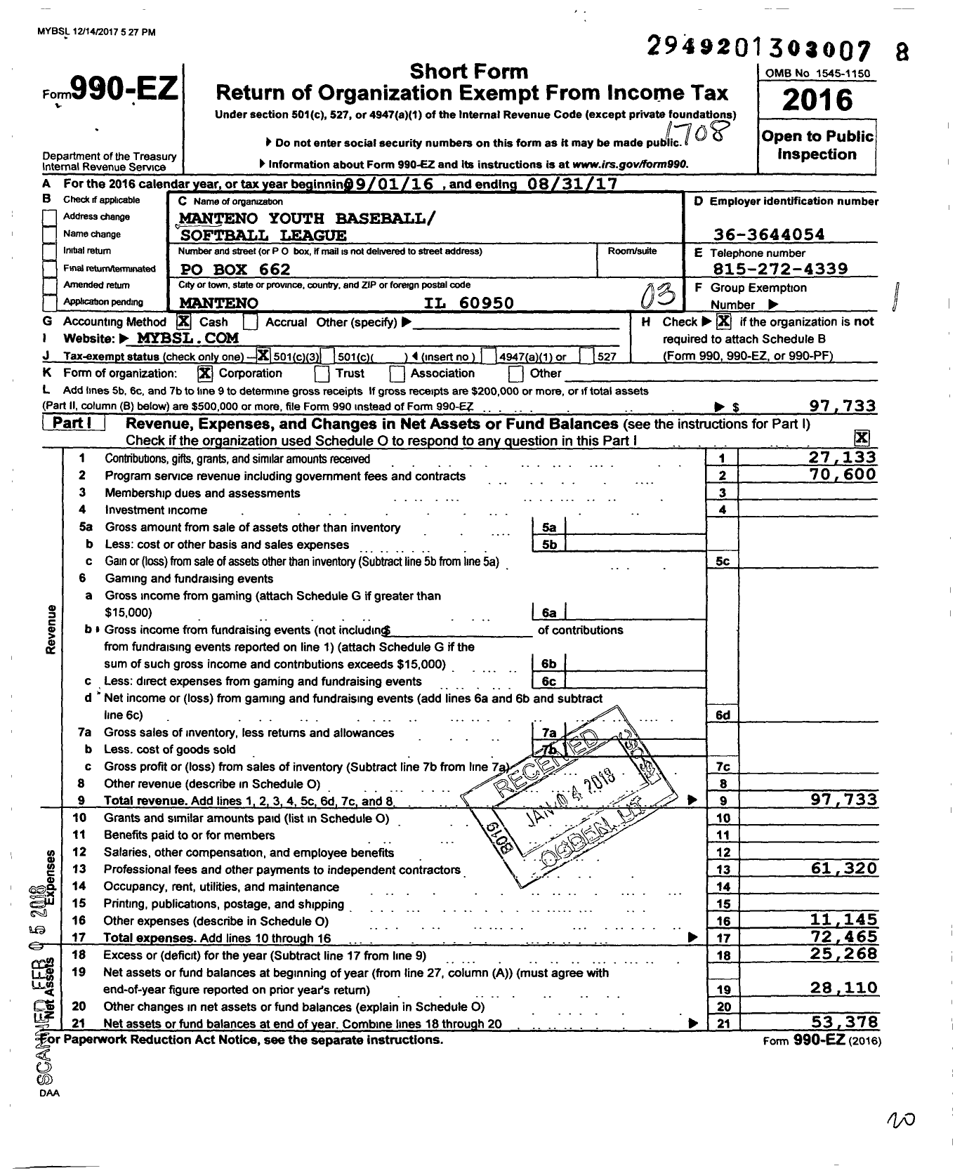 Image of first page of 2016 Form 990EZ for Manteno Youth Baseballsoftball League