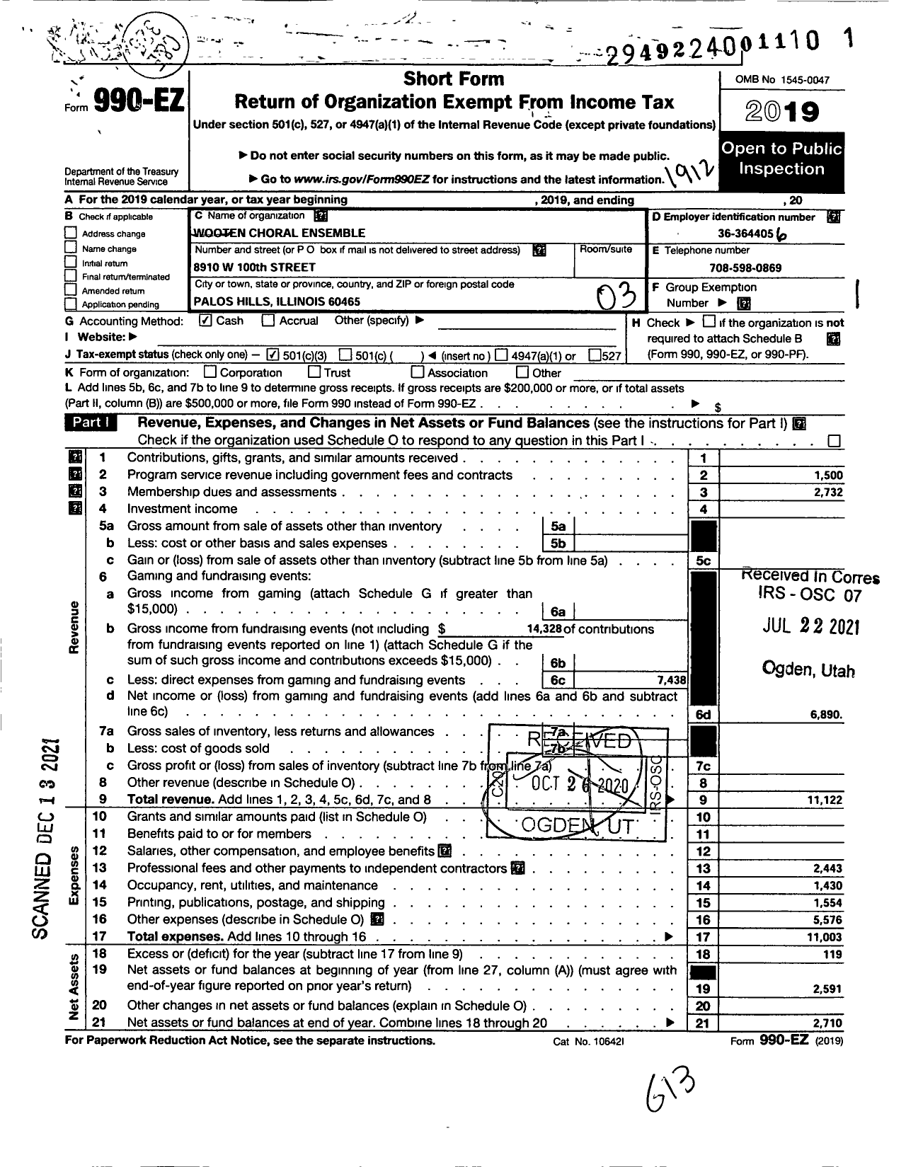 Image of first page of 2019 Form 990EZ for Wooten Choral Ensemble