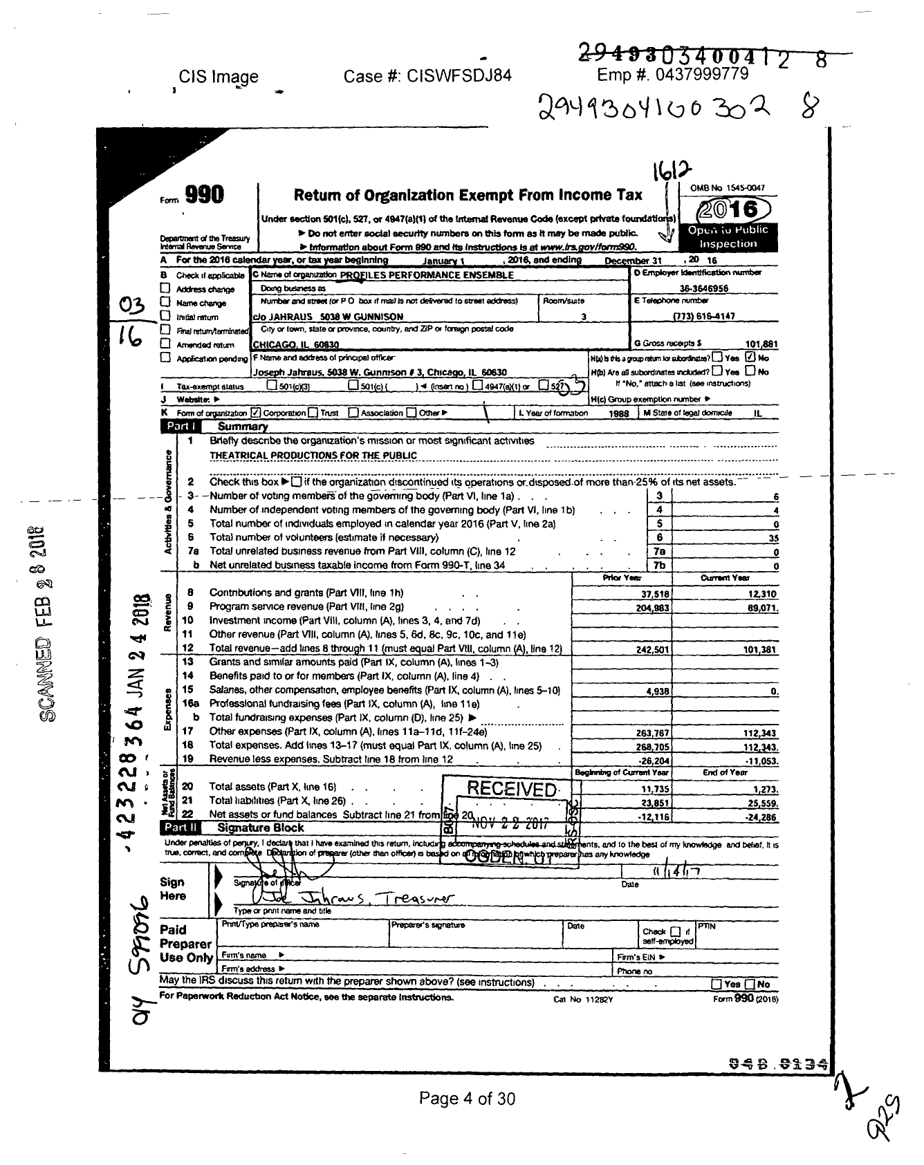 Image of first page of 2016 Form 990 for Profiles Performance Ensemble