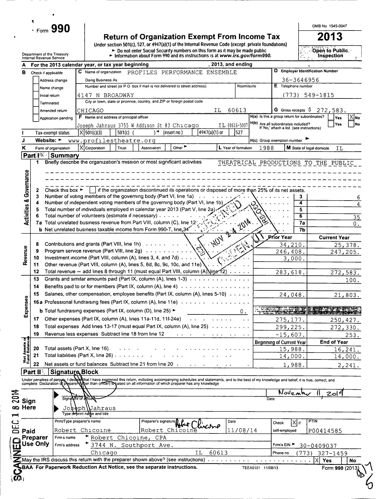 Image of first page of 2013 Form 990 for Profiles Performance Ensemble