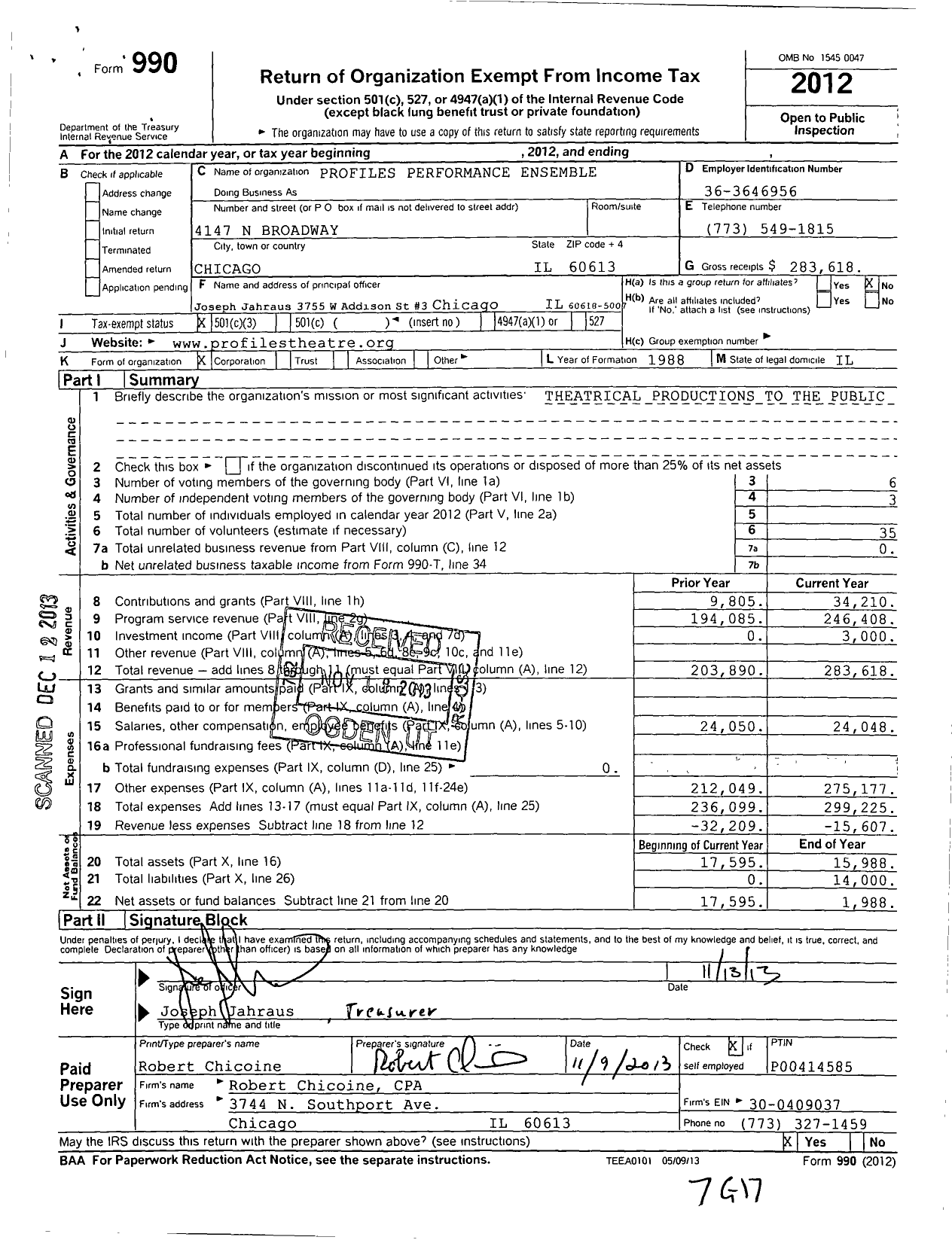 Image of first page of 2012 Form 990 for Profiles Performance Ensemble