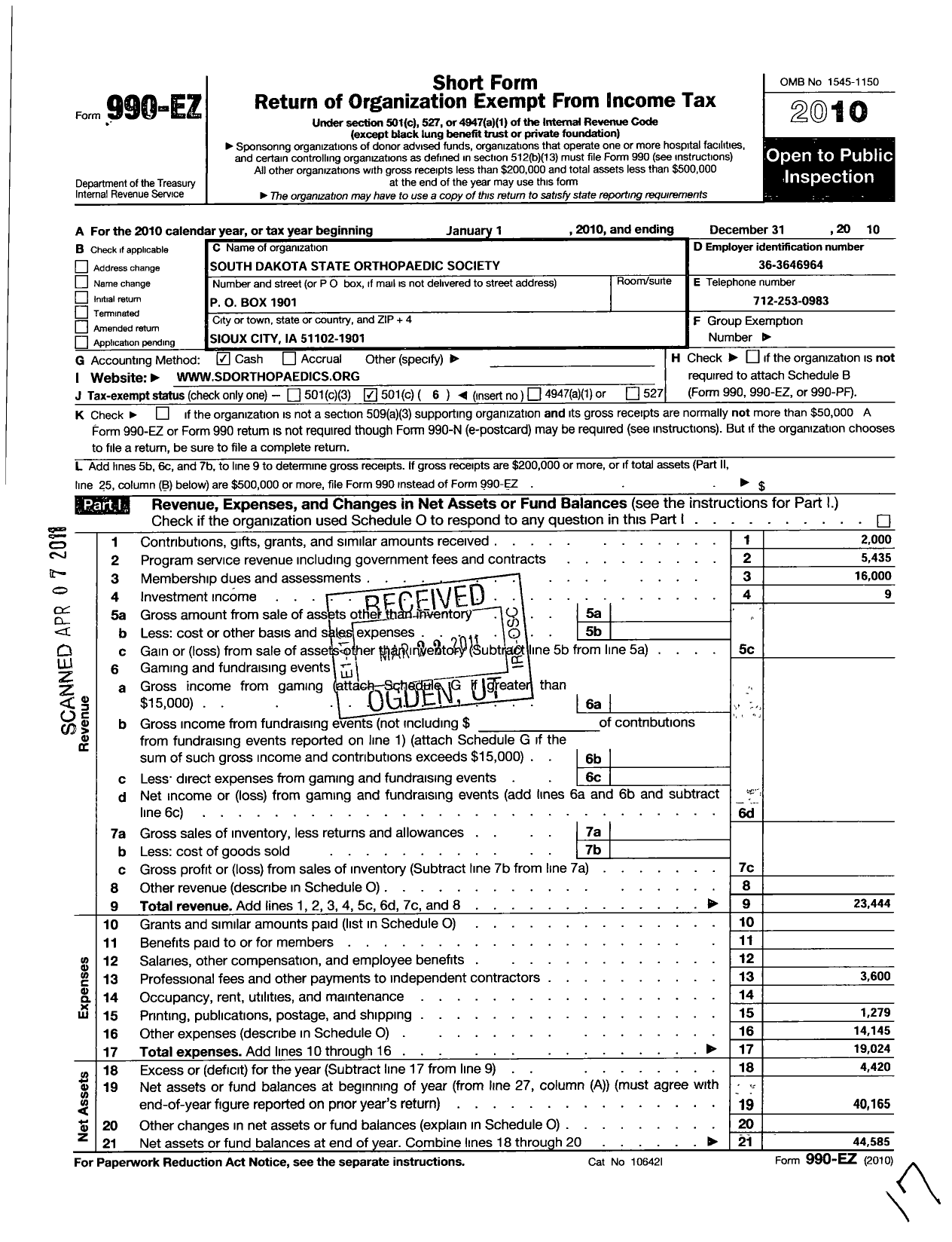 Image of first page of 2010 Form 990EO for South Dakota State Orthopaedic Society