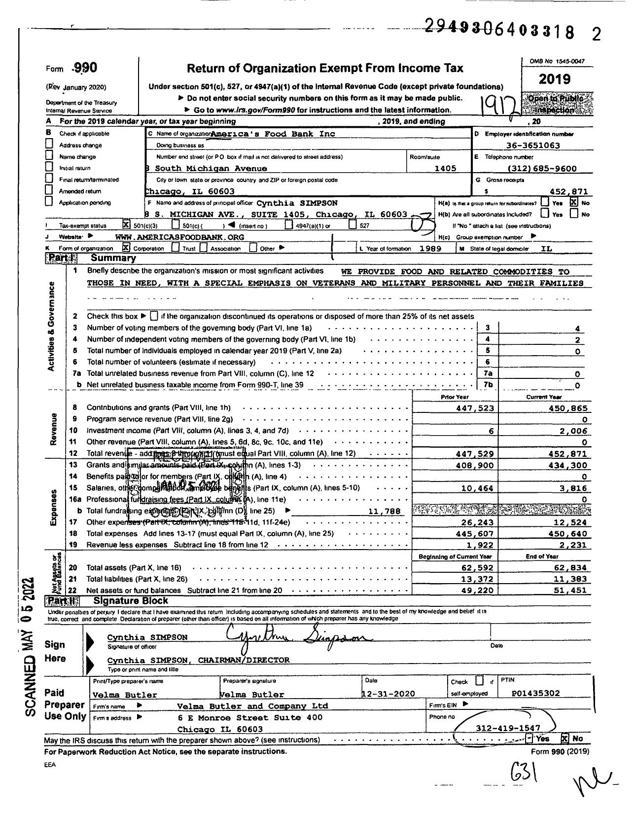 Image of first page of 2019 Form 990 for America's Food Bank (AFB)