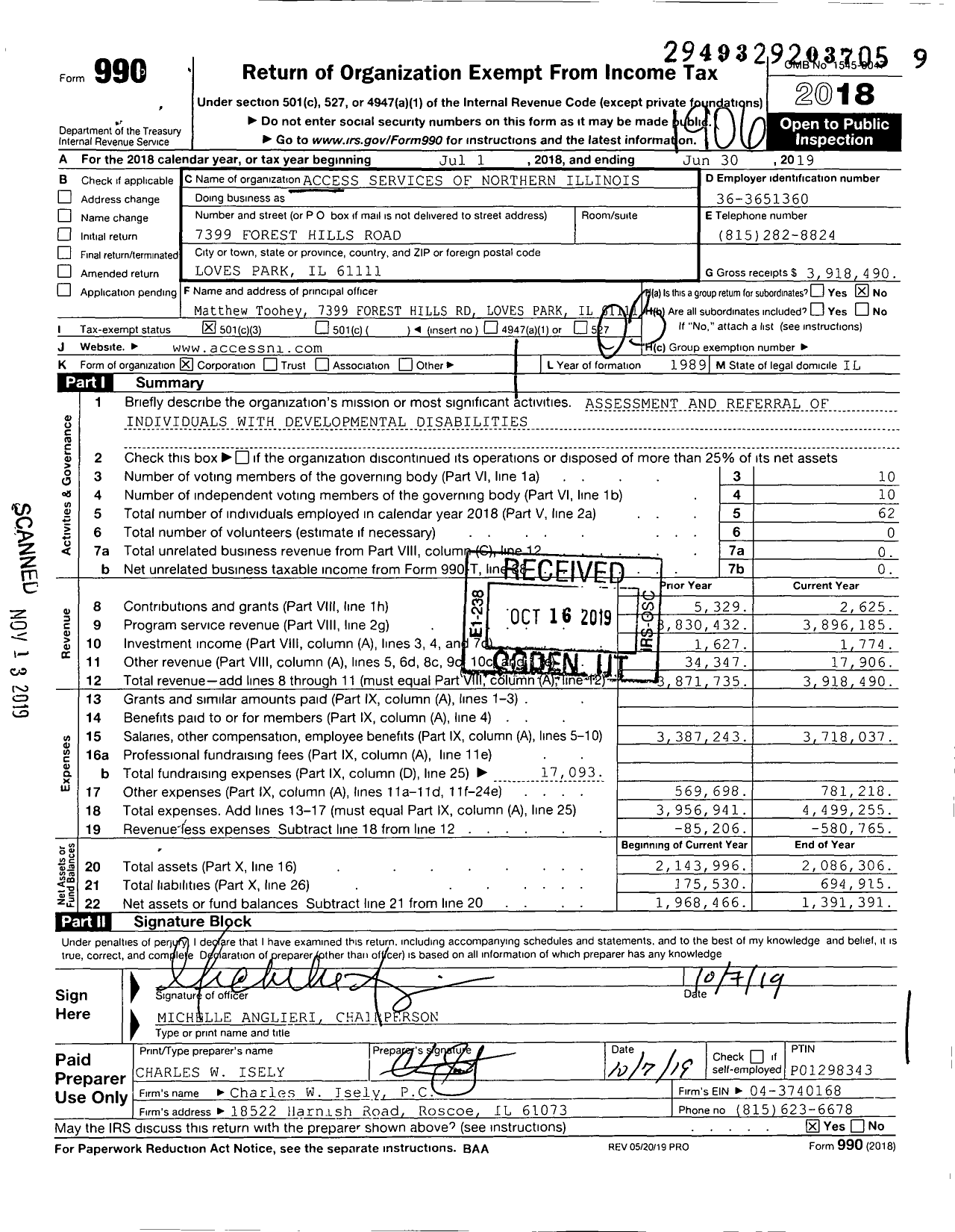 Image of first page of 2018 Form 990 for Access Services of Northern Illinois