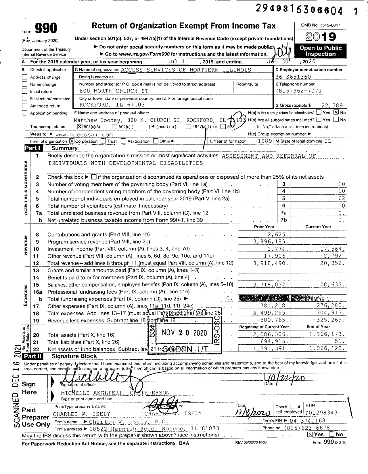 Image of first page of 2019 Form 990 for Access Services of Northern Illinois