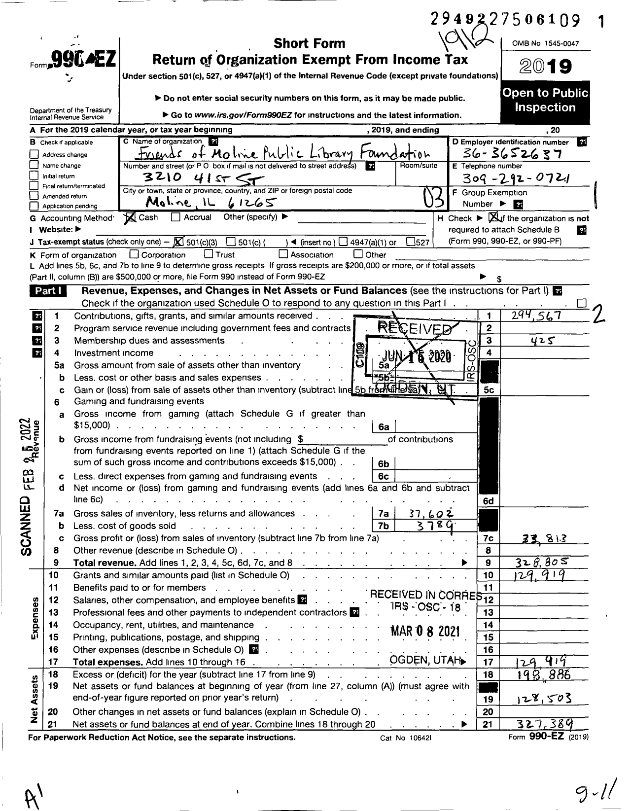 Image of first page of 2019 Form 990EZ for Friends of Moline Public Library Foundation